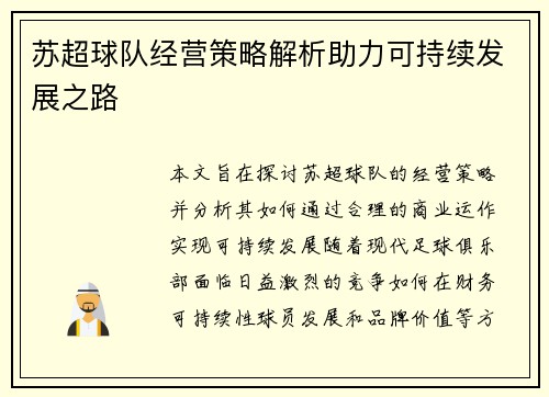 苏超球队经营策略解析助力可持续发展之路
