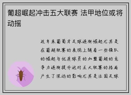 葡超崛起冲击五大联赛 法甲地位或将动摇